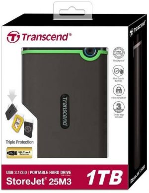 Transcend, slim portable, hard drive, 1TB, StoreJet 25M3