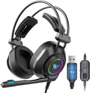 AULA, S600, Wired Gaming Headset, 7.1 Surround Sound, with RGB Lighting HD, Noise Cancelling Microphone, Over Ear Earmuffs PC Games Mic Headphones for USB2.0 Jack PS4 Xbox One Laptop Desktop (Black