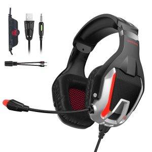 ONIKUMA, K12, Stereo, Gaming Headset ,with Mic, Controls and LED light for PC, PS4, Xbox and Mobiles (Black/Red