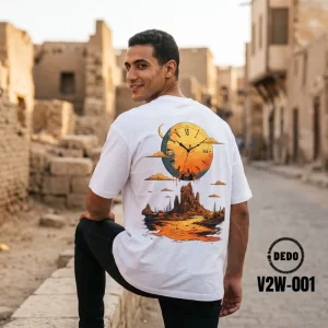 -shirt featuring a large orange melting clock and desert landscape graphic on the back