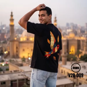black graphic t-shirt with a colorful geometric bird print stands on a rooftop looking over old Cairo at dusk.