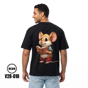 DEDO black oversized t-shirt V2B-010 with reading cartoon mouse graphic print on the back