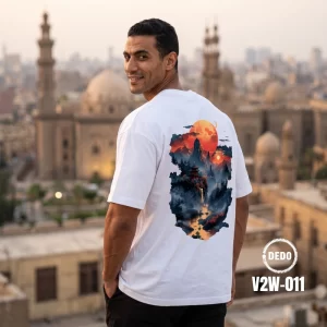 DEDO V2W-011 oversized white t-shirt with a Japanese sunset landscape back graphic.