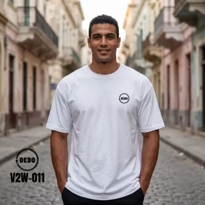 DEDO V2W-011 oversized white cotton t-shirt with a minimalist circular chest logo.