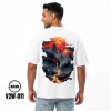 DEDO V2W-011 oversized white t-shirt with a vibrant Japanese pagoda and sunset back print.