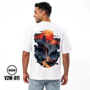 DEDO Oversized White T-Shirt (V2W-011) – Japanese Sunset Graphic