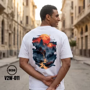 DEDO V2W-011 oversized white t-shirt with a colorful Japanese mountain and pagoda back print.