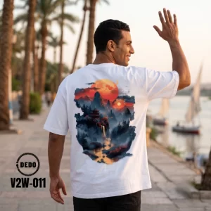 DEDO V2W-011 oversized white t-shirt featuring a Japanese sunset mountain landscape backprint.