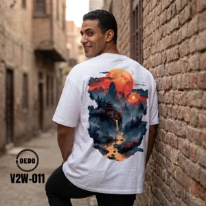 DEDO V2W-011 oversized white t-shirt with a vibrant Japanese mountain and pagoda backprint.