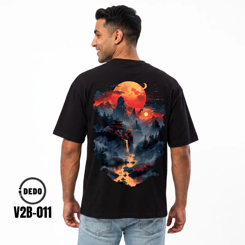 DEDO V2B-011 oversized t-shirt with a back fantasy blood moon graphic.