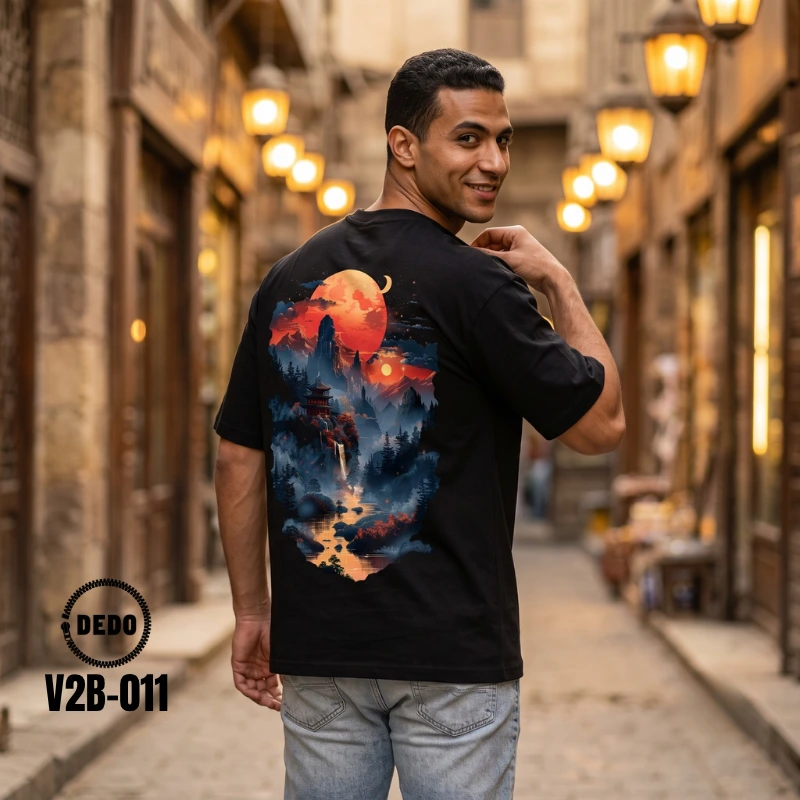 DEDO V2B-011 oversized streetwear t-shirt with a back blood moon and pagoda graphic.