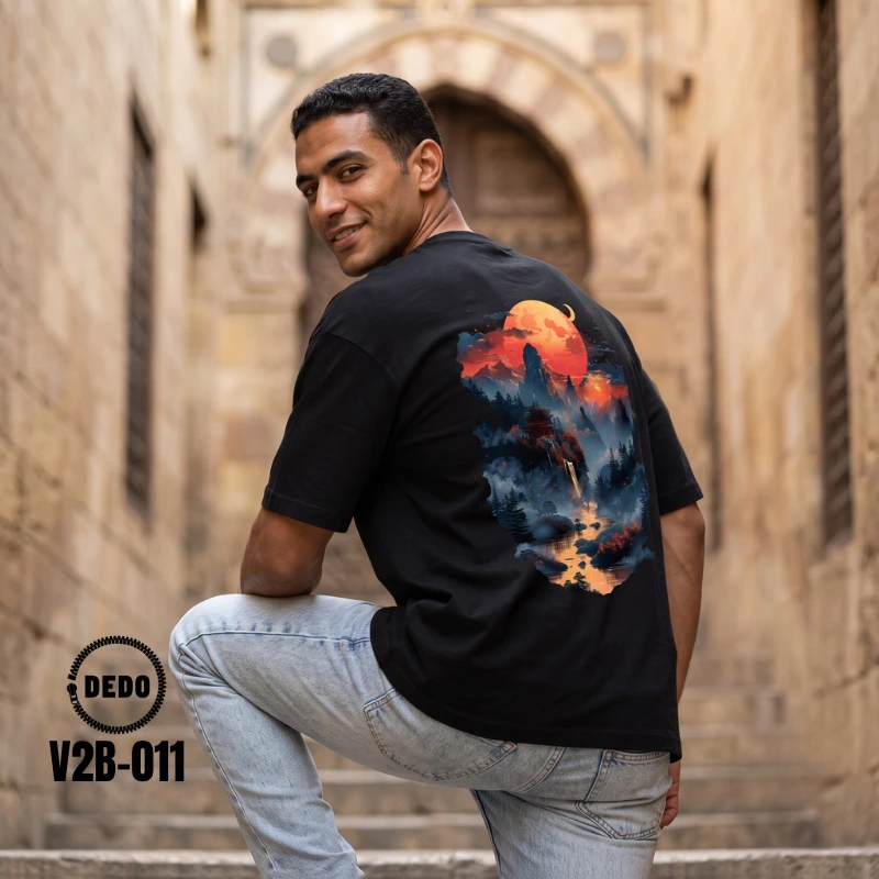DEDO V2B-011 black oversized t-shirt with a back landscape graphic print.