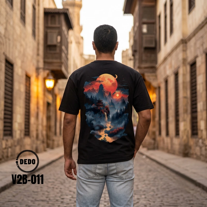 DEDO V2B-011 oversized t-shirt with a blood moon and pagoda back graphic.