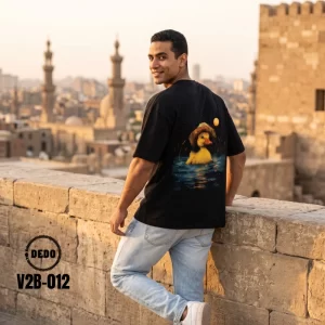 DEDO V2B-012 oversized black graphic t-shirt with a painted duck back design.