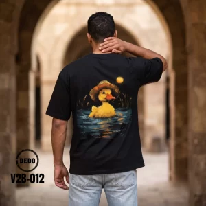 DEDO V2B-012 black oversized t-shirt with a painted duck back graphic.