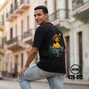 DEDO V2B-012 black oversized t-shirt with a duck back graphic.
