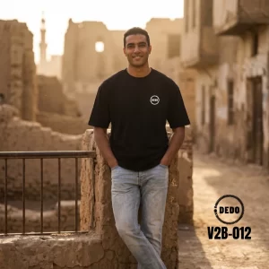 DEDO V2B-012 oversized black t-shirt with a small white circular chest logo.