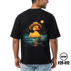 DEDO V2B-012 black oversized graphic t-shirt featuring an artistic yellow duck in a straw hat on water.