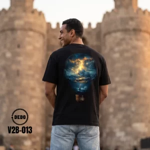 DEDO V2B-013 black oversized t-shirt featuring a glowing stormy ocean inside a lightbulb back print.