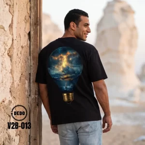 DEDO V2B-013 black oversized t-shirt, showing the back graphic print of a stormy ocean inside a glowing lightbulb.