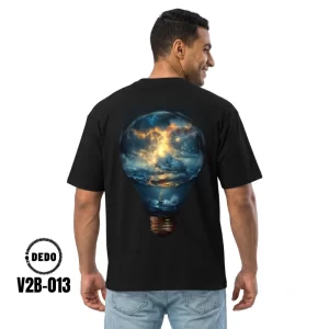 DEDO V2B-013 oversized black t-shirt back graphic featuring a surreal lightbulb containing an ocean storm with glowing lightning clouds.