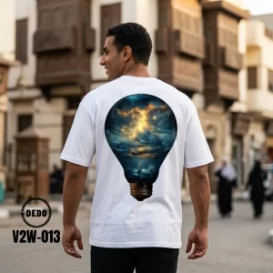 DEDO white oversized streetwear t-shirt V2W-013 with back graphic print of a storm inside a lightbulb