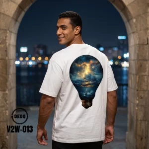 DEDO white oversized streetwear tee V2W-013 with storm bulb print worn at night overlooking city lights