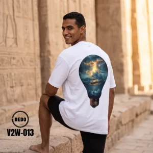 DEDO white oversized t-shirt V2W-013 with ocean tempest lightbulb back print at an ancient temple