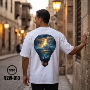 DEDO white oversized t-shirt V2W-013 with storm lightbulb back graphic worn in an old city street