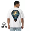 DEDO V2W-013 white oversized T-shirt with creative blue light bulb and cosmic sky graphic on the back