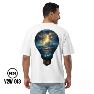 DEDO V2W-013 white oversized T-shirt with creative blue light bulb and cosmic sky graphic on the back