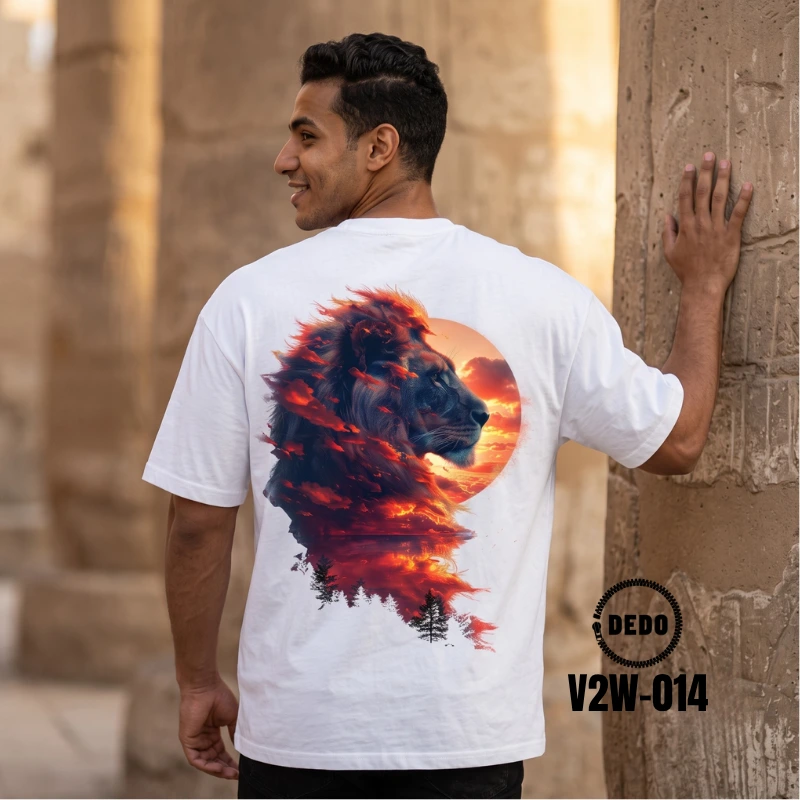 DEDO Sunset Lion Oversized Graphic T-Shirt for Men- White Heavyweight Cotton Drop-Shoulder Tee (V2W-014) - Image 5