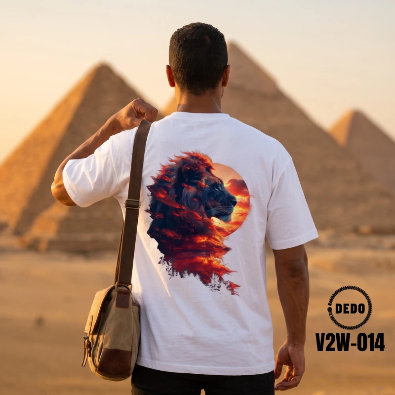 DEDO Sunset Lion Oversized Graphic T-Shirt for Men- White Heavyweight Cotton Drop-Shoulder Tee (V2W-014) - Image 4