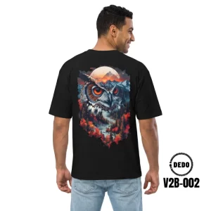 DEDO V2B-002 black oversized T-shirt with owl and mountain sunset back print