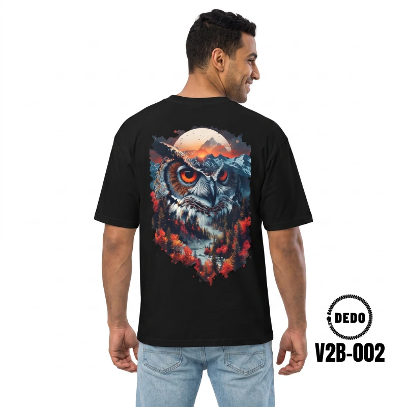 DEDO V2B-002 black oversized T-shirt with owl and mountain sunset back print