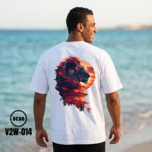 DEDO oversized t-shirt featuring a sunset lion graphic on the back (Style V2W-014).