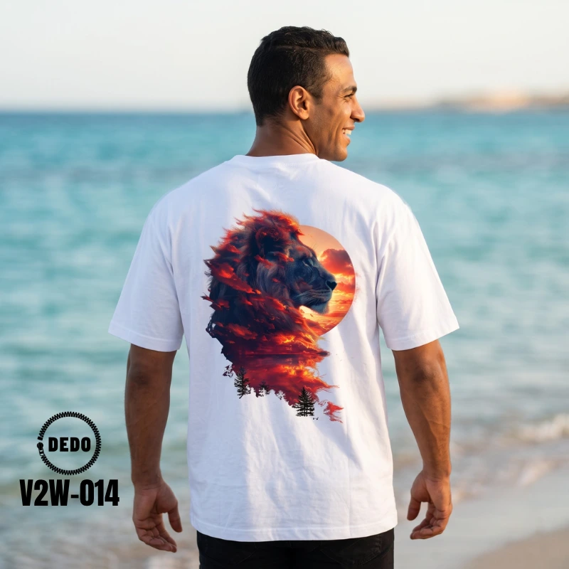 DEDO Sunset Lion Oversized Graphic T-Shirt for Men- White Heavyweight Cotton Drop-Shoulder Tee (V2W-014) - Image 3