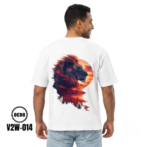 DEDO V2W-014 white oversized T-shirt featuring a dramatic lion sunset graphic on the back
