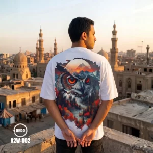 DEDO V2W-002 white oversized T-shirt featuring a detailed owl and mountain graphic print