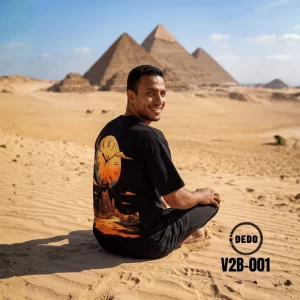 DEDO V2B-001 black T-shirt featuring a bold melting clock graphic on the back