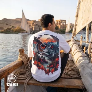 DEDO V2W-002 white oversized T-shirt featuring a detailed owl