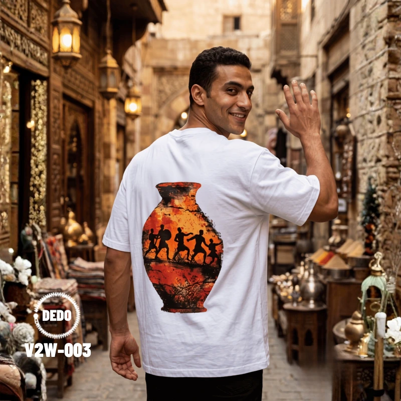 DEDO V2W-003 white oversized T-shirt with orange artistic vase print on the back in an old Egyptian street