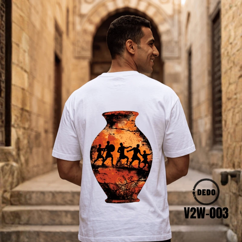 DEDO V2W-003 white oversized T-shirt with large orange vase-inspired artwork on the back