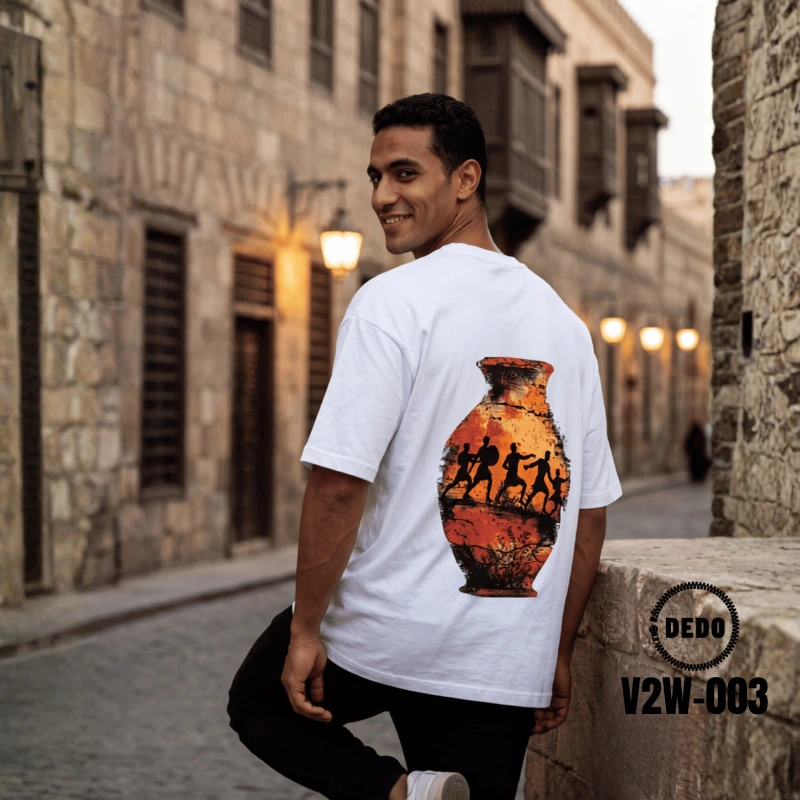 DEDO V2W-003 white oversized T-shirt with orange artistic vase print on the back