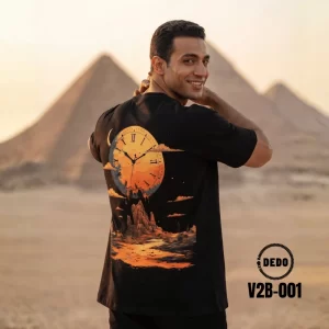 DEDO V2B-001 black T-shirt featuring a large orange melting clock and desert landscape graphic on the back