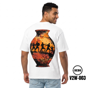 DEDO Oversized White T-Shirt with a historical Greek jar design in warrior shadows printed on the back, code V2W-003.