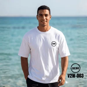 DEDO V2W-003 white oversized T-shirt with minimalist DEDO chest logo by the sea