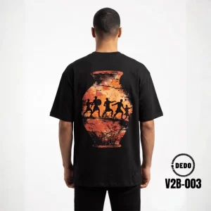 DEDO V2B-003 black oversized T-shirt with large Egyptian-inspired vase graphic on the back
