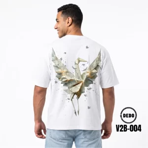 White Oversized T-Shirt with Origami Crane Graphic – DEDO V2W-004