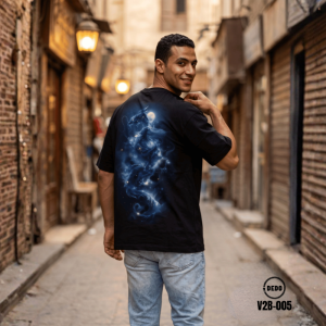 DEDO V2B-005 black oversized T-shirt with blue dragon graphic on the back in a historic Egyptian street